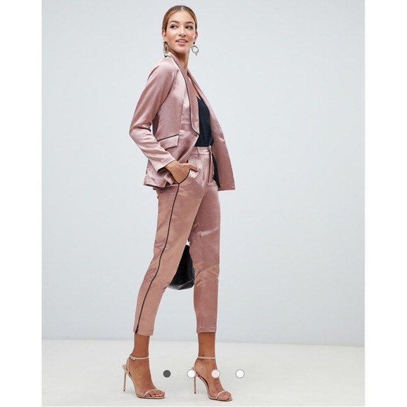 ASOS Little Mistress Satin Blazer Cigarette Pants Contrast Black Piping Copper - Picture 2 of 16